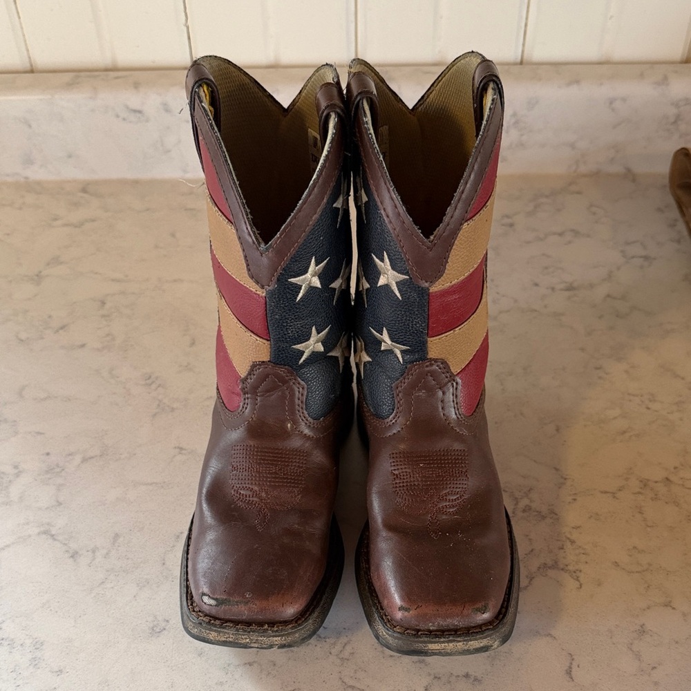 Durango Youth American Flag Leather Western Boots - Red, White & Blue 1 M